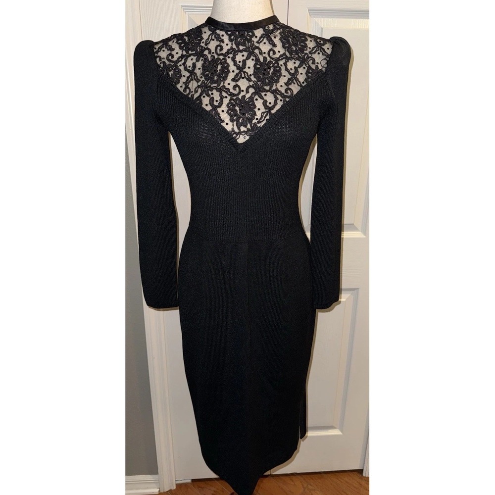 Vtg St. John By Marie Gray Knit Dress Black Womens Sz 8 Long Sleeve Modest
